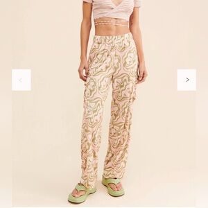 Free People x Dazey LA Graphic Cargo Pants Medium Pink Green Straight Leg Boho